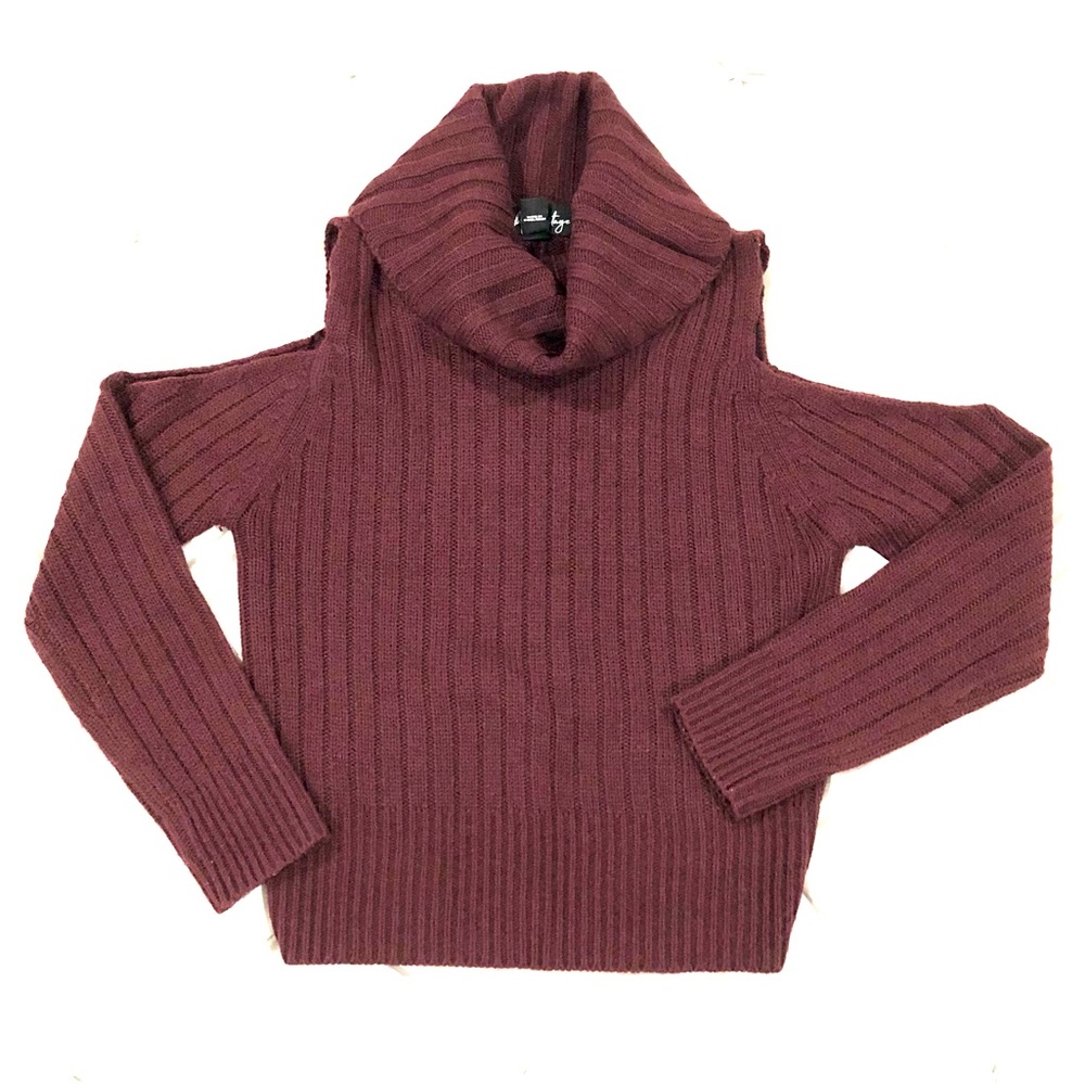 Cold Shoulder Knit Turtleneck Sweater - Burgandy - Size Small